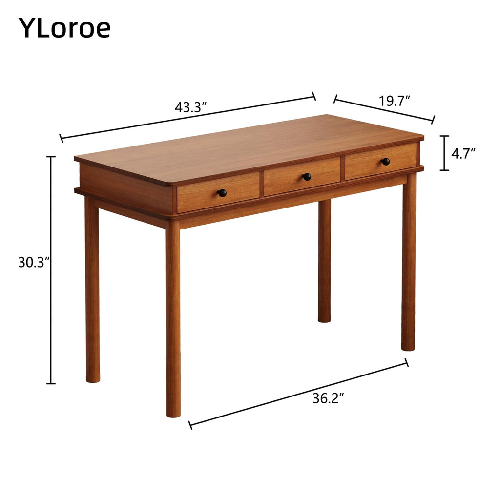 Mid‐Century Wood Writing Desk with 3 Storage Drawers, Solid Wood Legs Home Office Computer Workstation