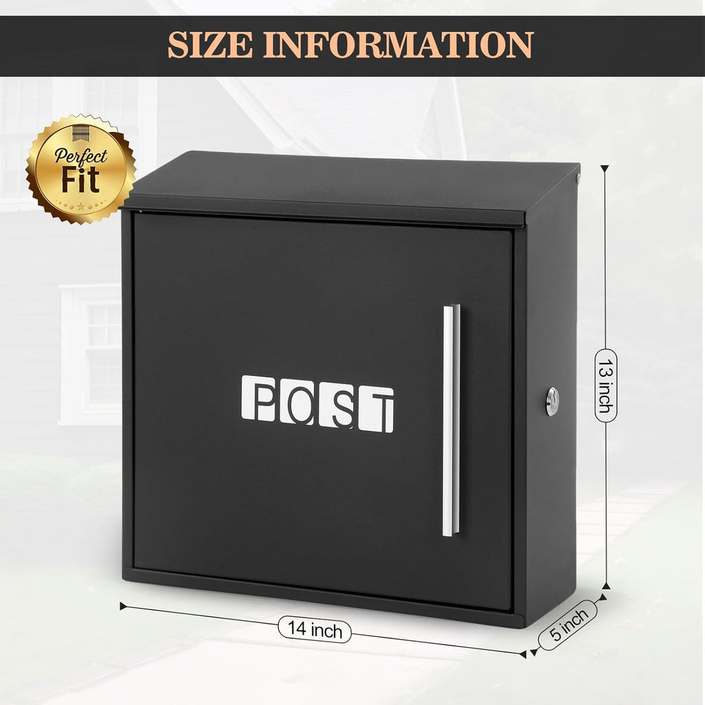 Wall Mounted Mailbox, Modern Metal Galvanized Steel Mailbox 14x13x5inch Large Capacity Mailbox with Lock and Key Drop