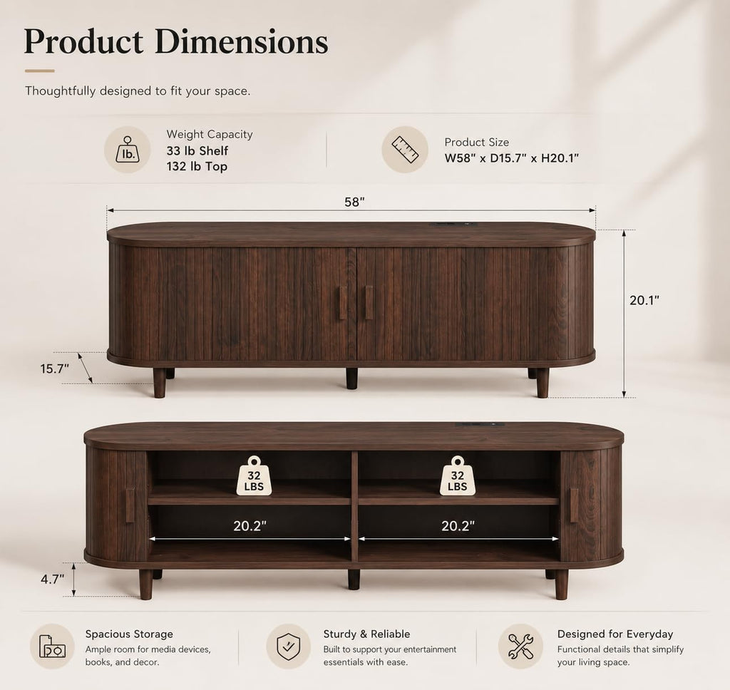 58" Mid-Century Modern TV Stand with Sliding Doors, TV Consoles with Power Outlet, Fluted Entertainment Center with