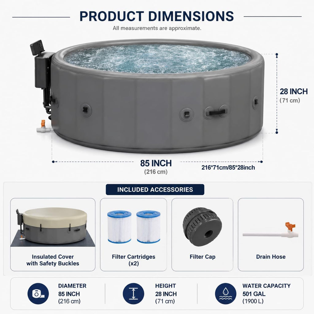 4 to 6 Person Inflatable Hot Tub, Portable Outdoor Spa with 150 AirJets, 6 LED Color Lights & Filter System, 85" x 28"