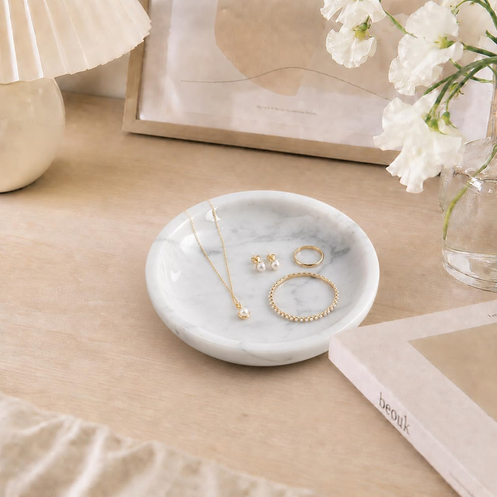 Small Natural Marble Jewelry Tray Key Plate Holder Dish Trinket Decor Catch All Bowl for Ring Earring Stone Gift