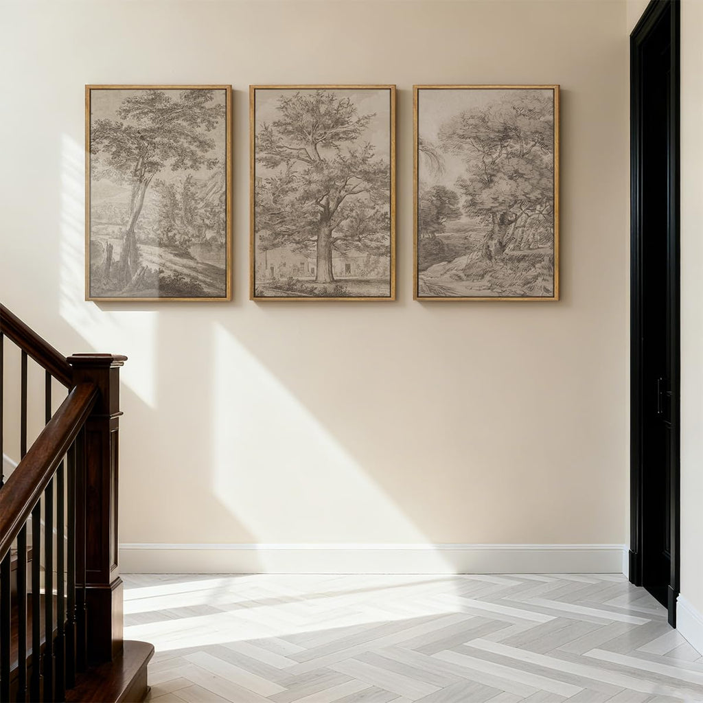 Extra Large Wall Art Framed Vintage Tree Sketch Antique Botanical Forest Prints Rustic Farmhouse Nature Decor Bedroom