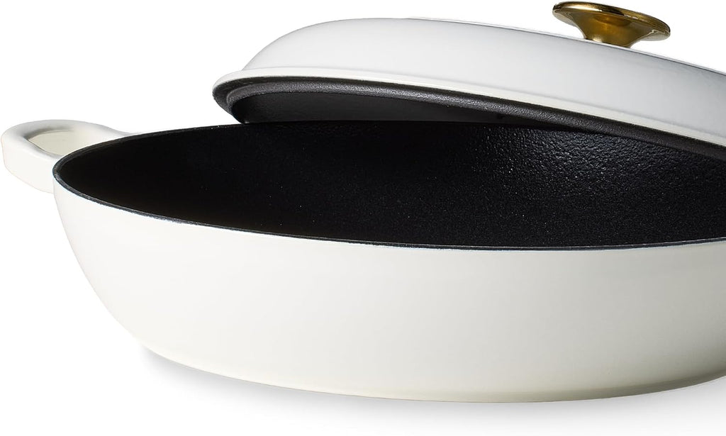 3.4QT Enamel Cast Iron Cookware, Skillet with Lid, White Dutch Oven | Shallow Round Braiser Pan Oven Safe, Non-Toxic