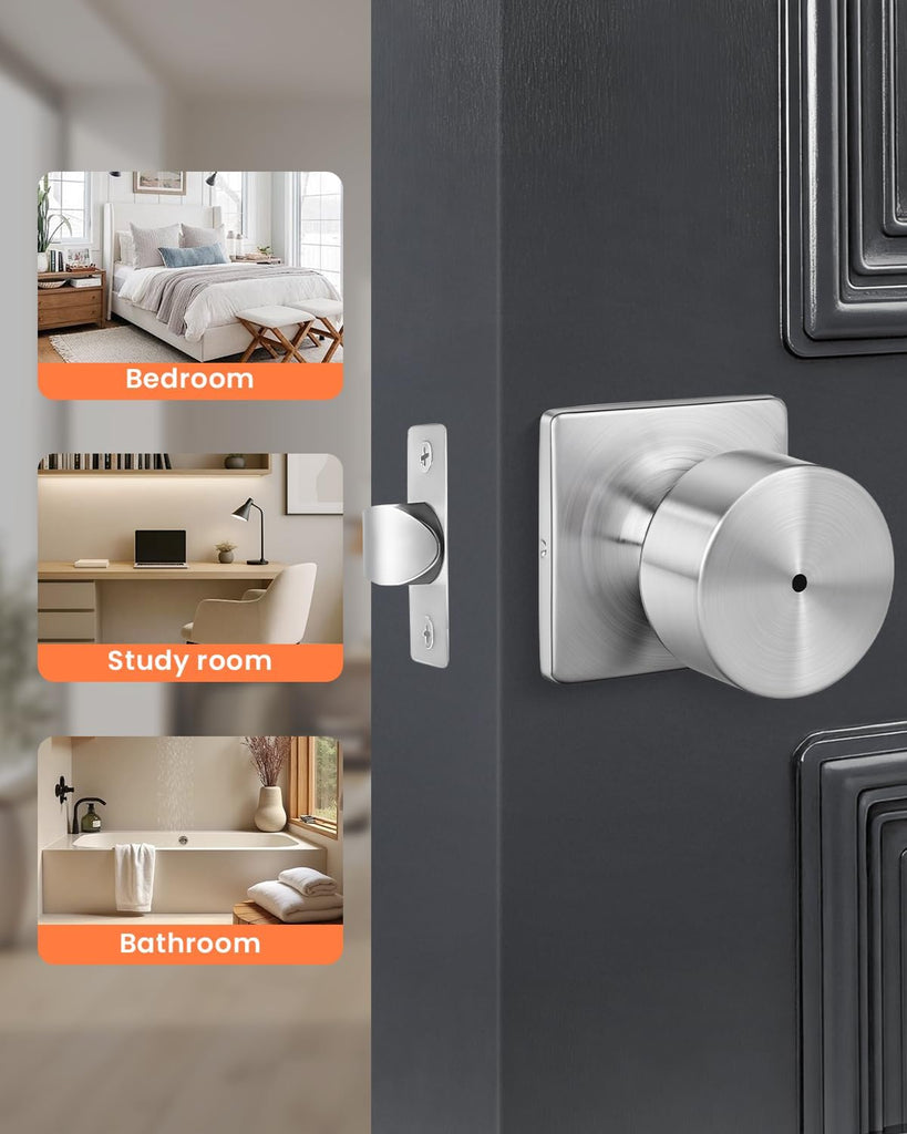 Brushed Nickel Door Knobs Interior, Privacy Door Knob with Lock Bathroom, Brushed Nickel Interior Door Knobs 8 Pack