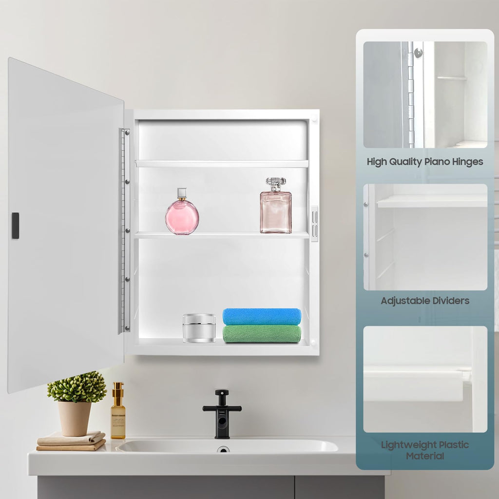 16x22 Plastic Medicine Cabinet with Mirror, Recessed or Surface Mount