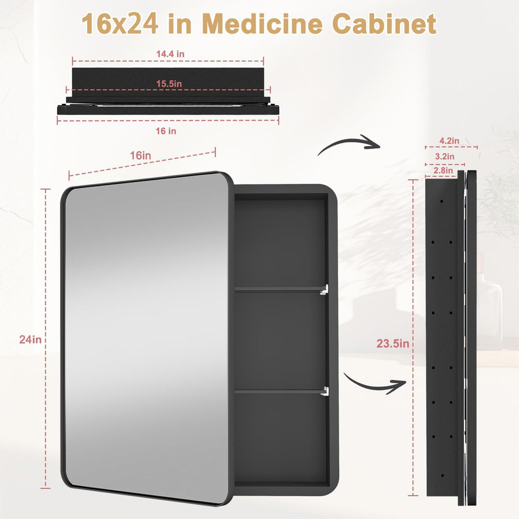 16x24 in Medicine Cabinet with Mirror, Matte Black