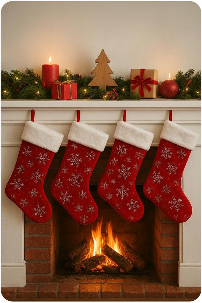 Christmas Stockings with Snowflake Pattern, Red Velvet, White Faux Fur Trim, Silver Glitter Design, 4-Piece Set