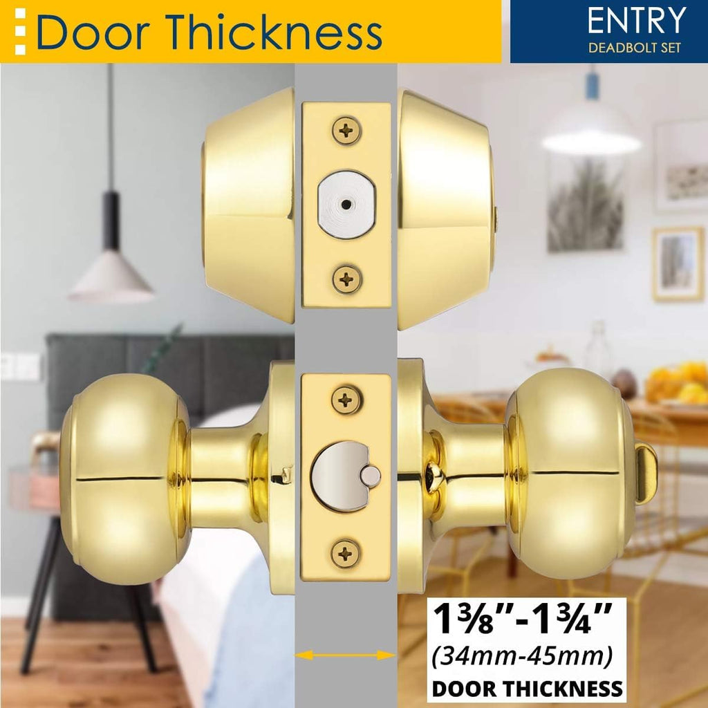 1 Pack Polished Brass Round Style Entry Door Knobs and Deadbolt Combination Set, Keyed Alike Double Cylinder Deadbolt