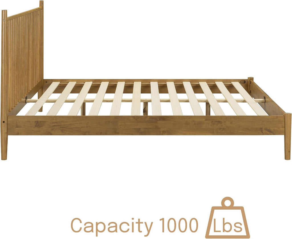 Inno Wooden Bed Frame with Headboard, Solid Oak and Rubber Wood Foundation with Silent Slats and Wood Central