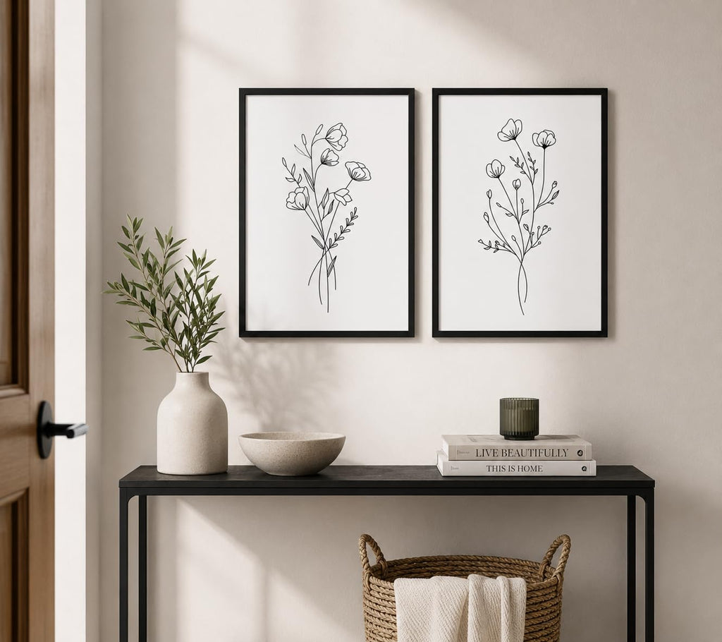 Framed Set of Two Canvas Wall Art Simple Botanical Line Print Black and White Floral Poster Modern Gallery Print Wall