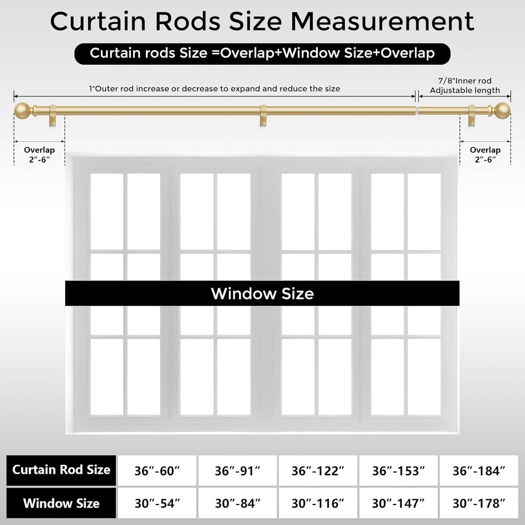 Gold Curtain Rod 36-91 Inch, 1 Inch Adjustable Heavy Duty Curtain Rods for Windows, Decorative Modern Window