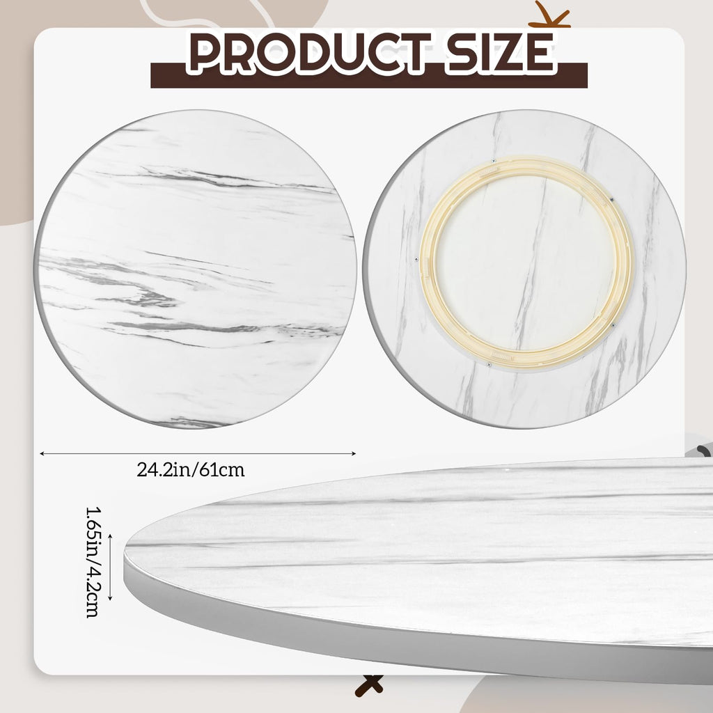 24" Lazy Susan Turntable, Marble White Rotating Wood Tray