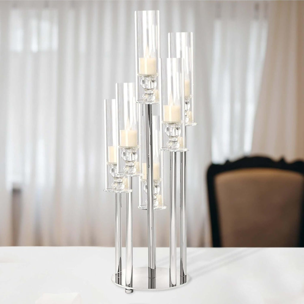 Efavormart 33" Tall - 7 Arms Clear Crystal Cluster Round Candelabra, Pillar Candle Holders with Mirror Base - Perfect