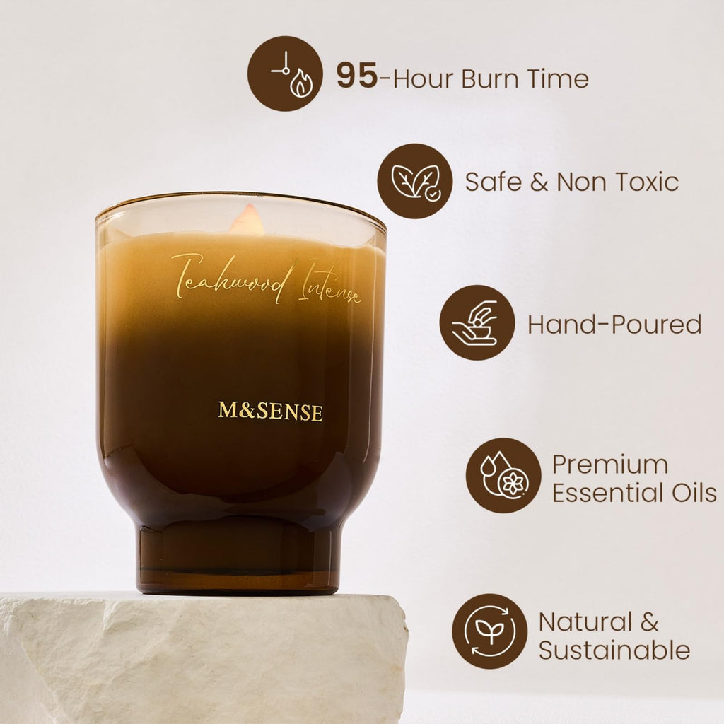 16.6oz Natural Soy Large Jar Candle with Wooden Wick | Teakwood Intense Scent | 95-Hour Burn & Long-Lasting Burn