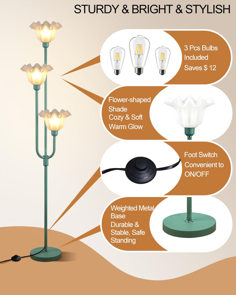 Flower Floor Lamp 3-Lights Rustic Floor Lamps with 3000K Warm White Bulbs for Wedding Party Modern Tall Standing Lamp