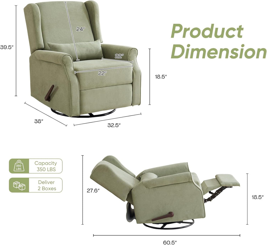 360°Swivel Rocker Recliner, Nursery Rocking Chair with Lumbar Pillow,Glider Recliner Nursery Chair for Small