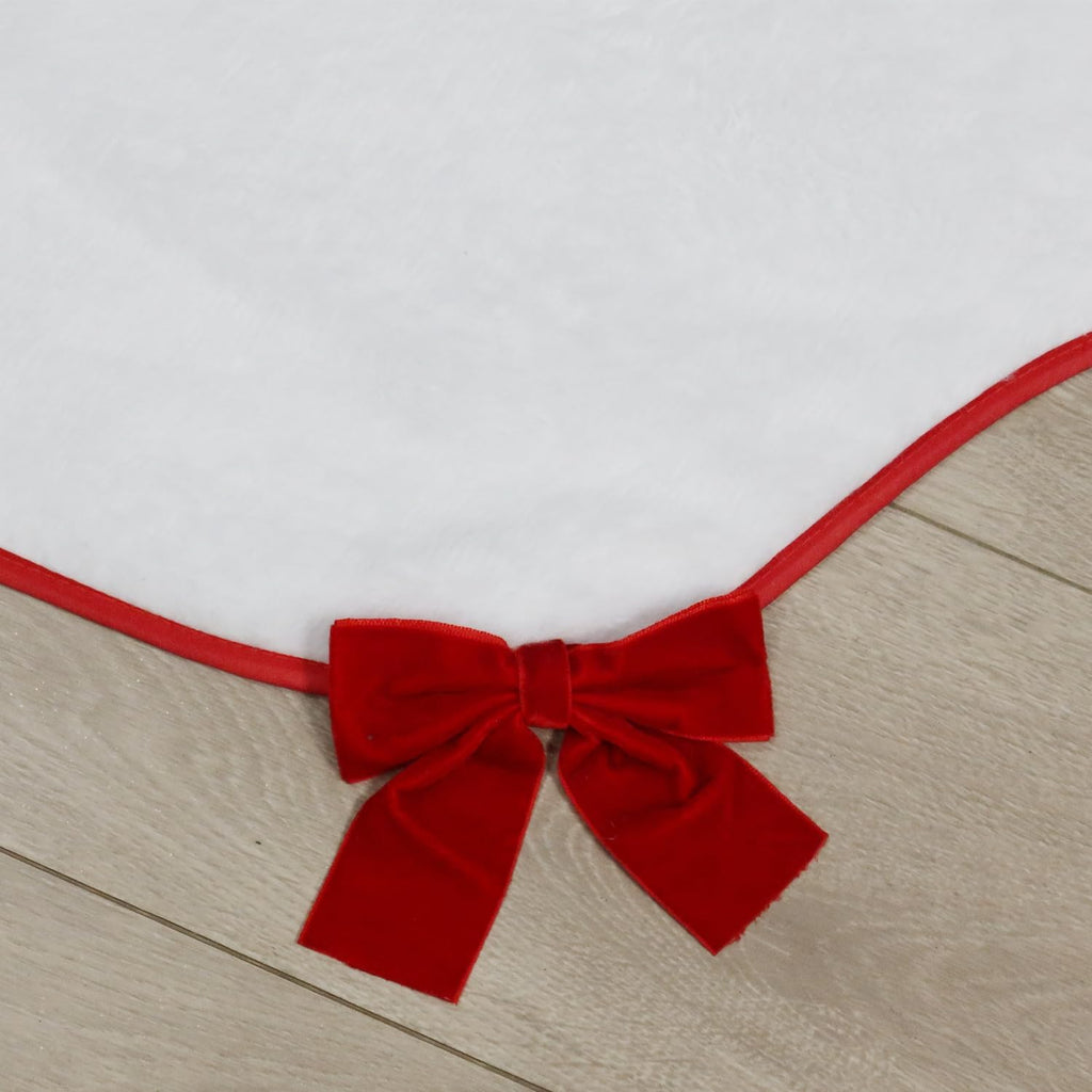 White Christmas Tree Skirt 48 inch with Red Velvet Bows Wavy Edge Faux Fur Plush Mat for 5-7FT Large Xmas Decoration