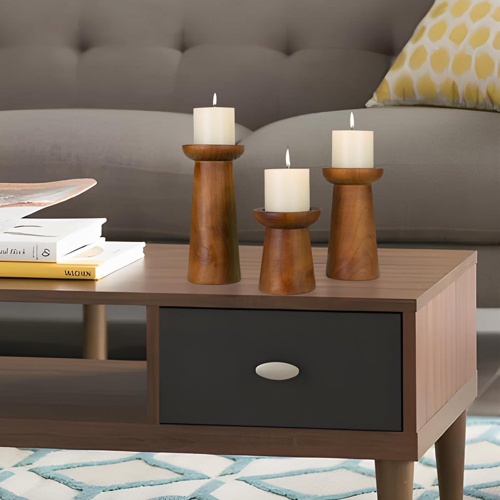 Pillar Candle Holders Set of 3, Wooden Candle Holders, Decorative Wood Candlestick Holders , Table Centerpiece for