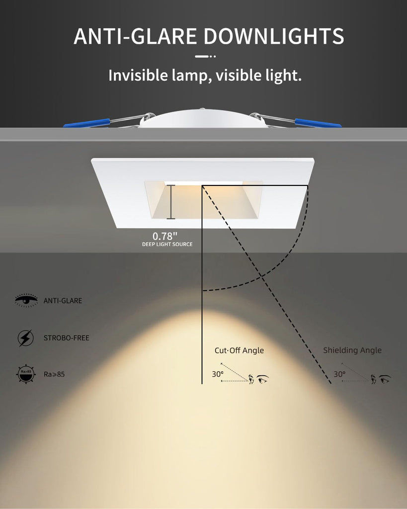 6 Pack 4 Inch Anti-Glare LED Downlight,Dimmable Ceiling Light, Square