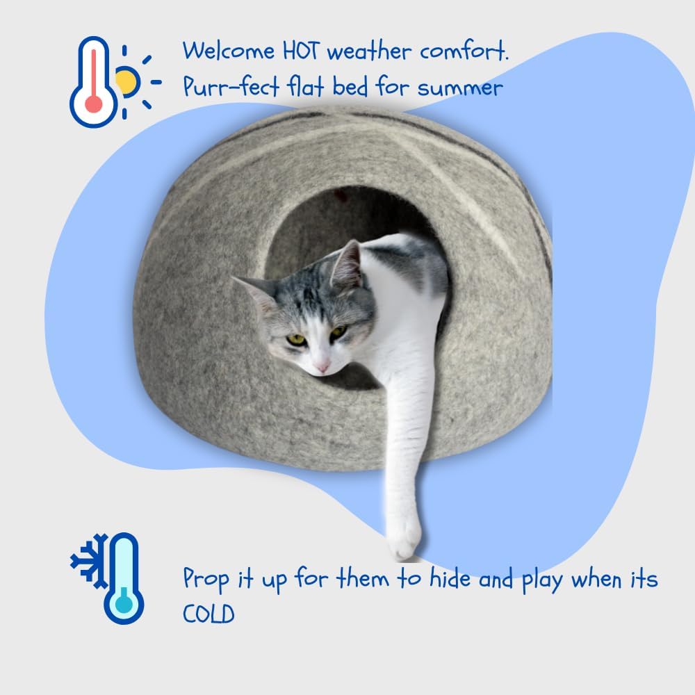 Felt Cat Cave - 17x17x12 in Merino Wool Cat Bed for Indoor Cats, Hideaway Pod (Gray, up to 20 lb)