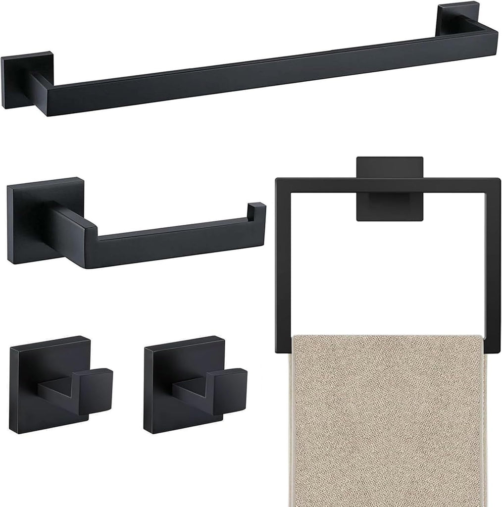 5 Piece Towel Bar Set - 23.6Inch Bathroom Towel Holder - Matte Black | Stainless Steel Towel Racks Wall Mounted