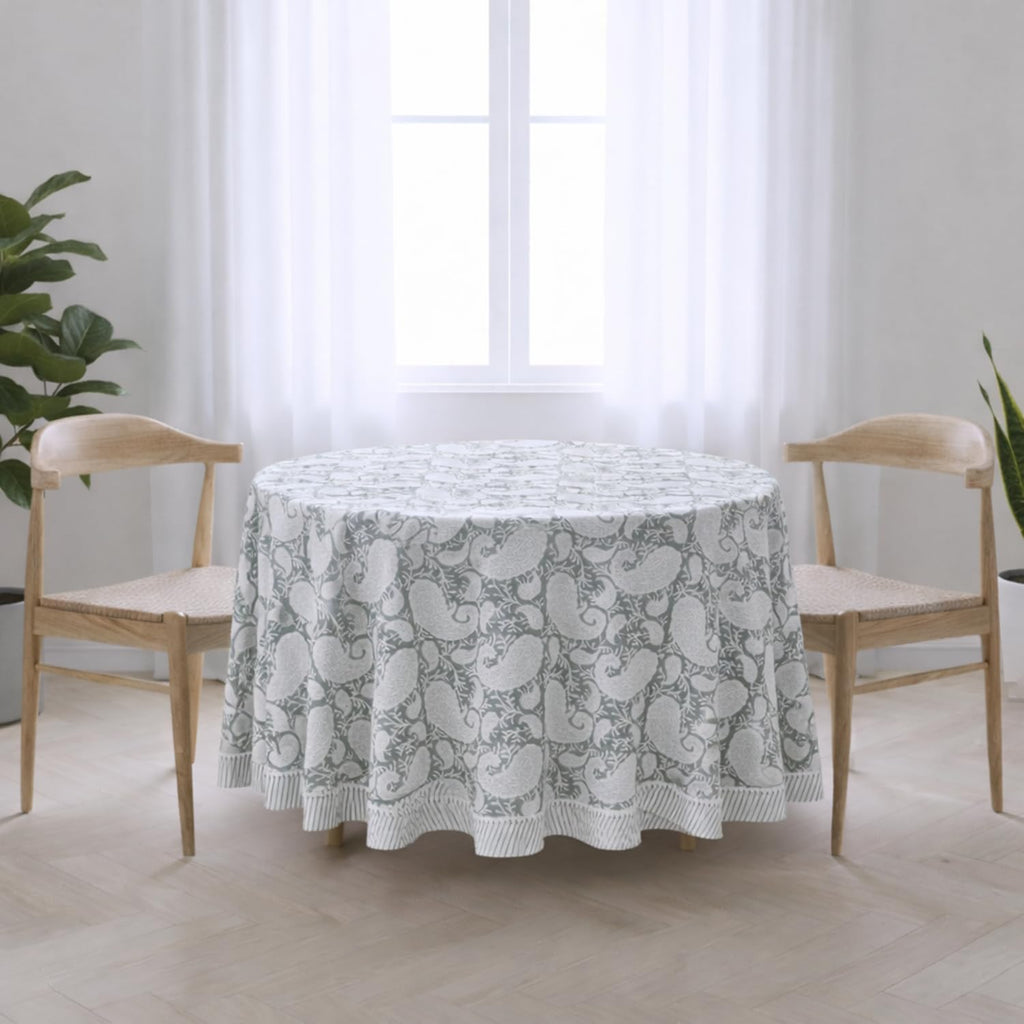 Hand Block Printed Round Tablecloth, Cyan Blue Floral Cotton Table Cover with Striped Border, Handmade Dining &