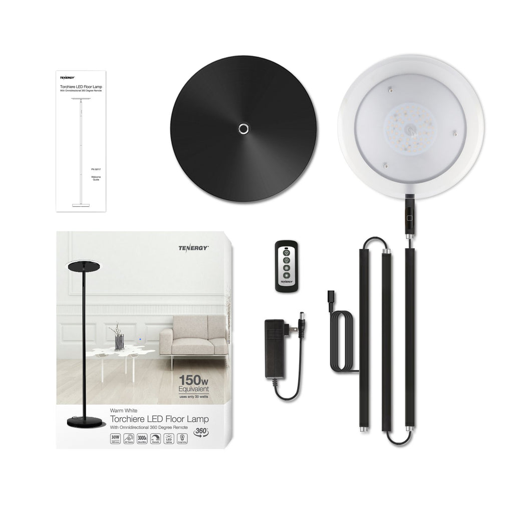 Modern Torchiere Floor Lamp, 3000L LED, 30W, Remote Control, Touch Dimmer, 90° Adjustable, Warm White