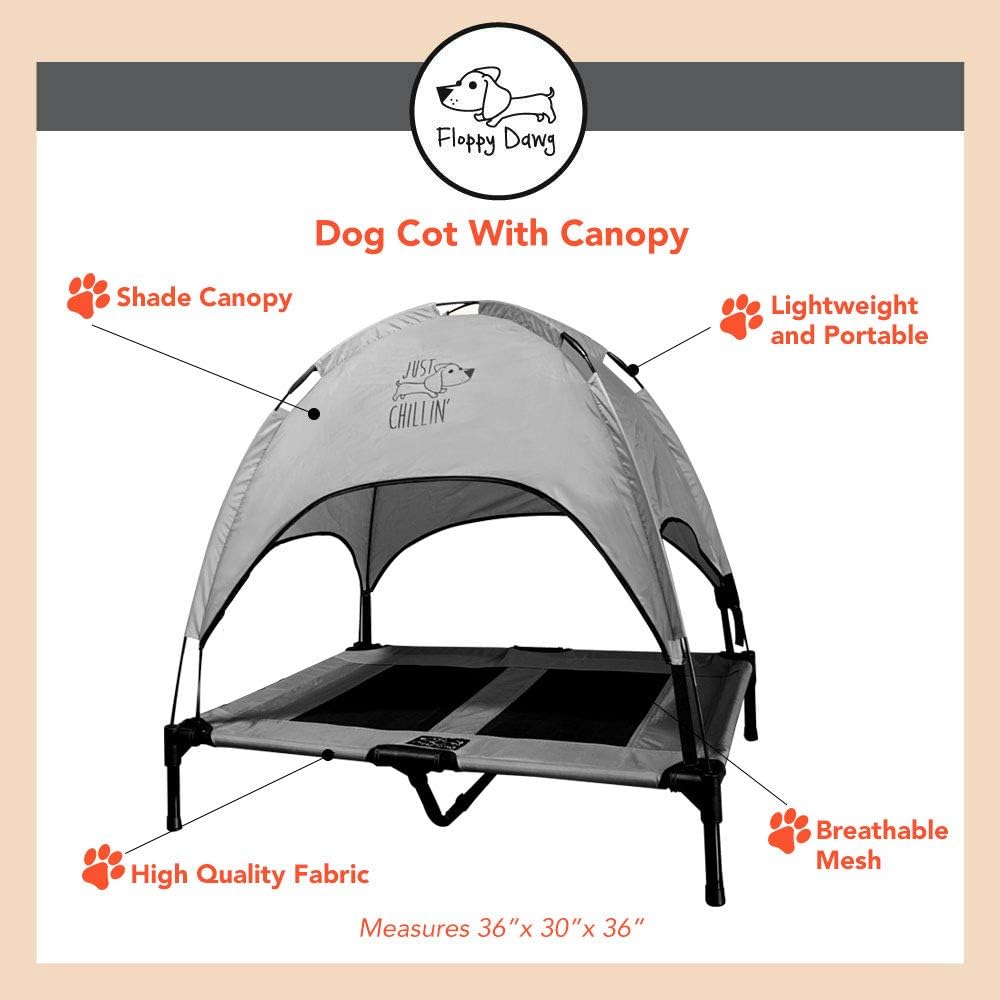 Just Chillin' Elevated Dog Bed. Cool Cot with Removable Canopy Shade. Indoor or Outdoor Pet Use. Lightweight