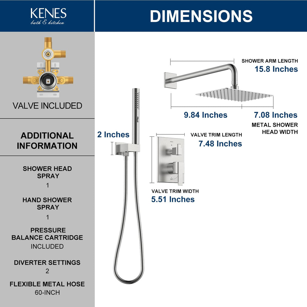 Brushed Nickel Square Rain Shower System Faucet Set with Handheld