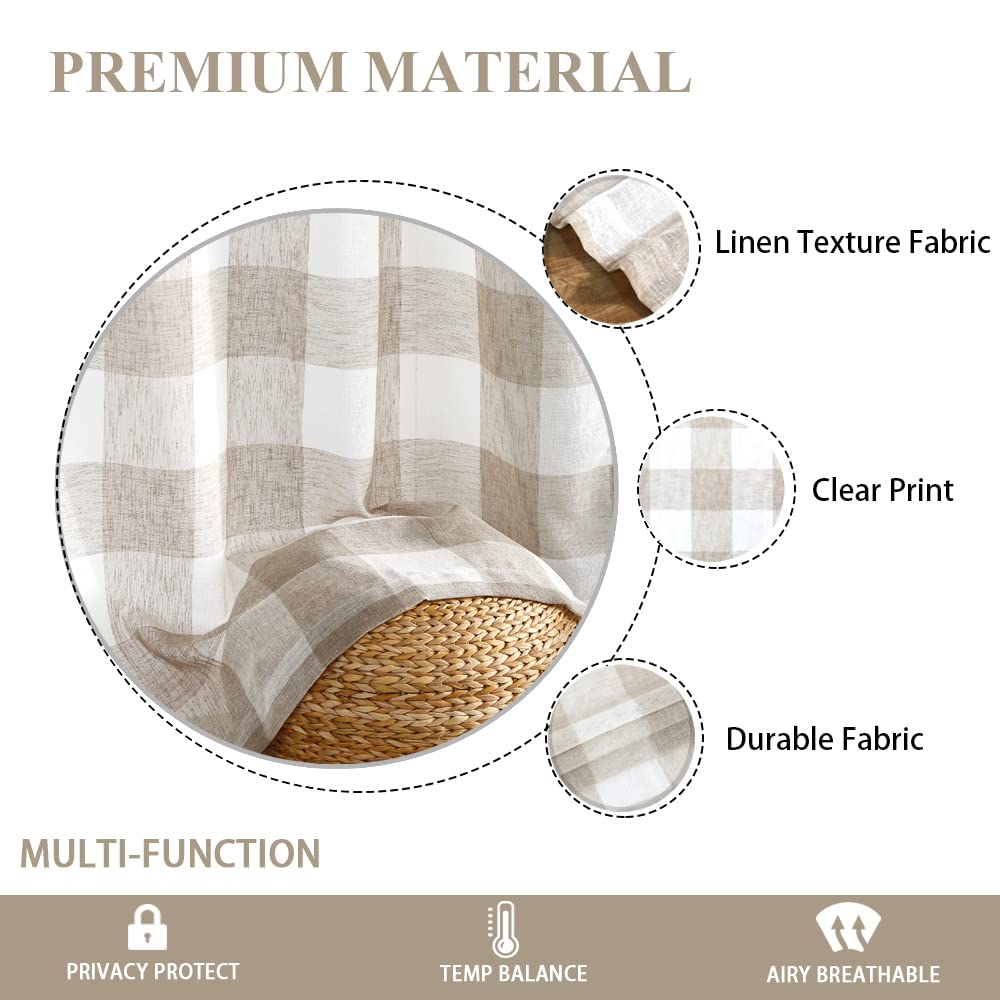Tan White Buffalo Plaid Sheer Curtains for Farmhouse 54 Inch Long
