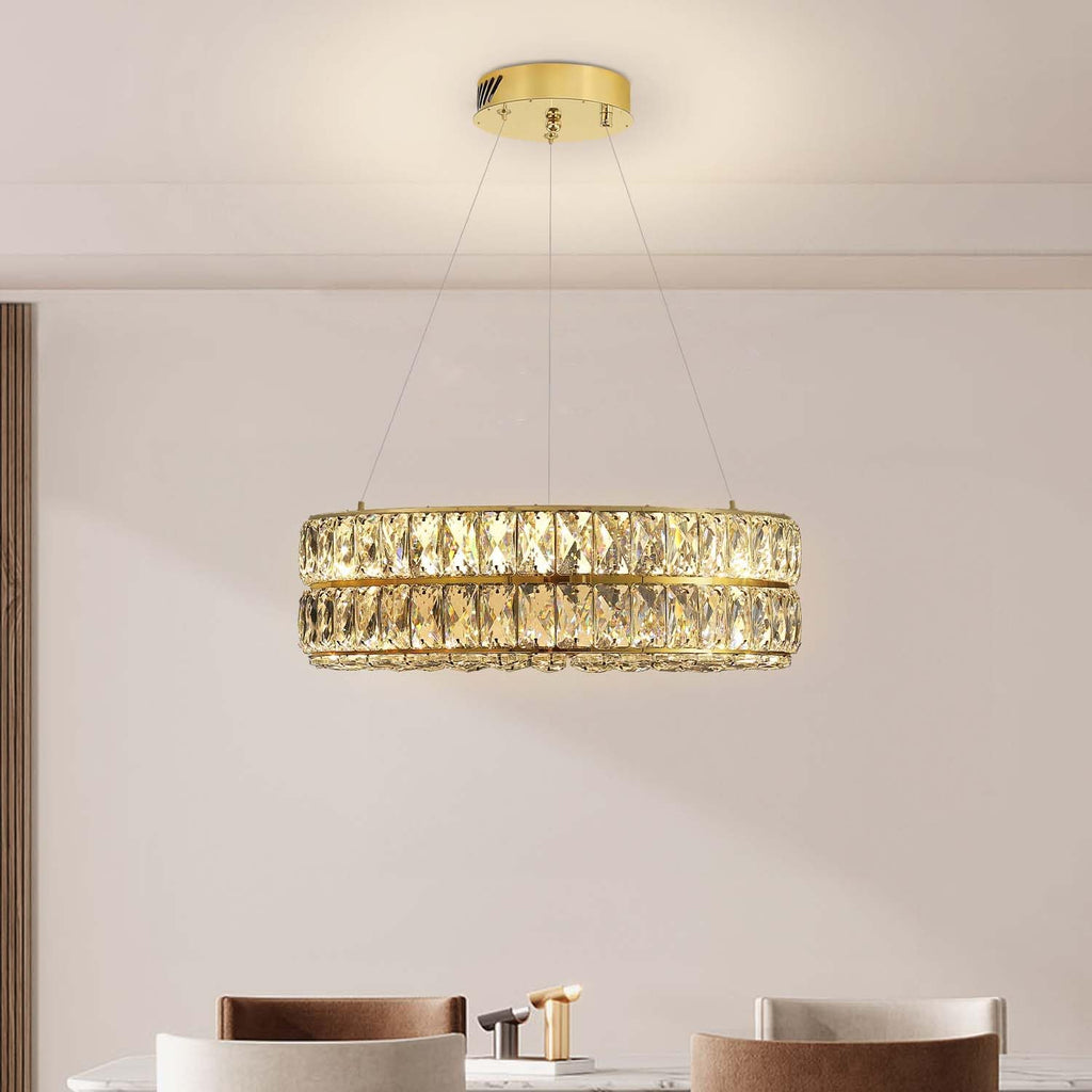 Led 15.7" Gold Ring Crystal Chandelier, Modern Dimmable Chandeliers Lighting and Hanging Adjustable, LED Round Ceiling Light Fixtures for Dining Room Living Room A122-B0D838P12L