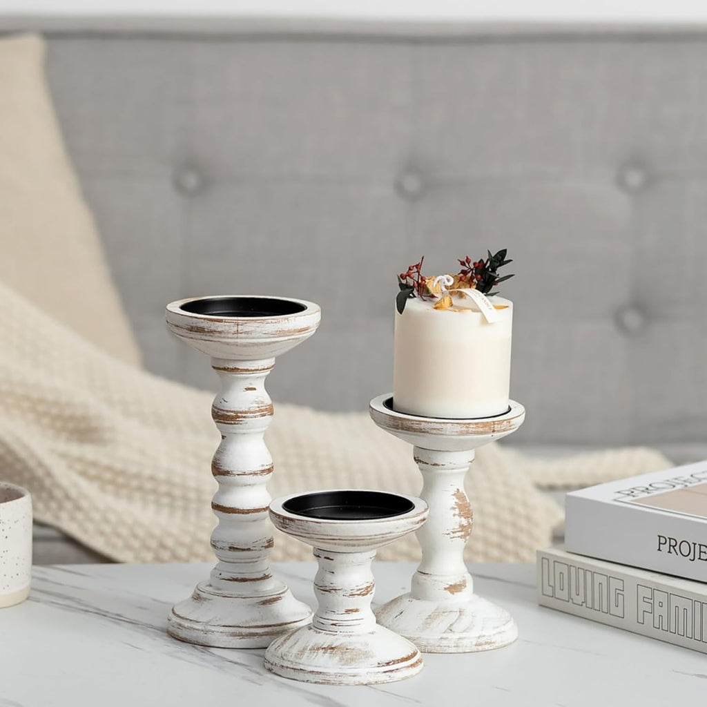 Wood Candle Holder for Pillar, White Farmhouse Fireplace Decor | Set of 3, Table Centerpiece, Tall Shabby Chic Decor