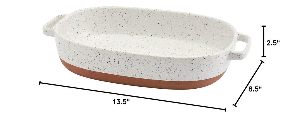 2.4 Quart Speckled White Oval Stoneware Baking Dish Casserole Pan with Handles