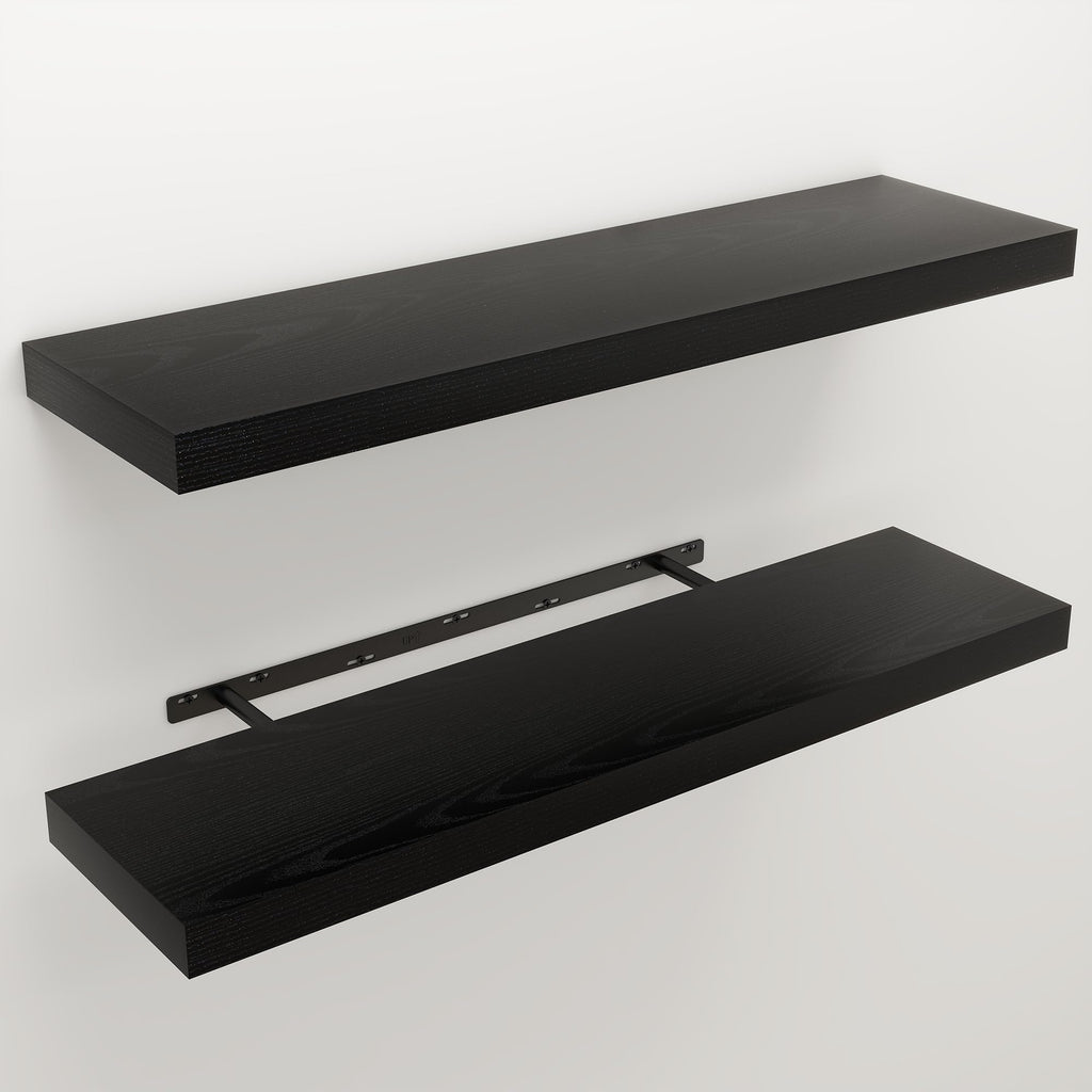 36" Black Floating Shelves Wood Wall Shelf, Black Color, Set of 2
