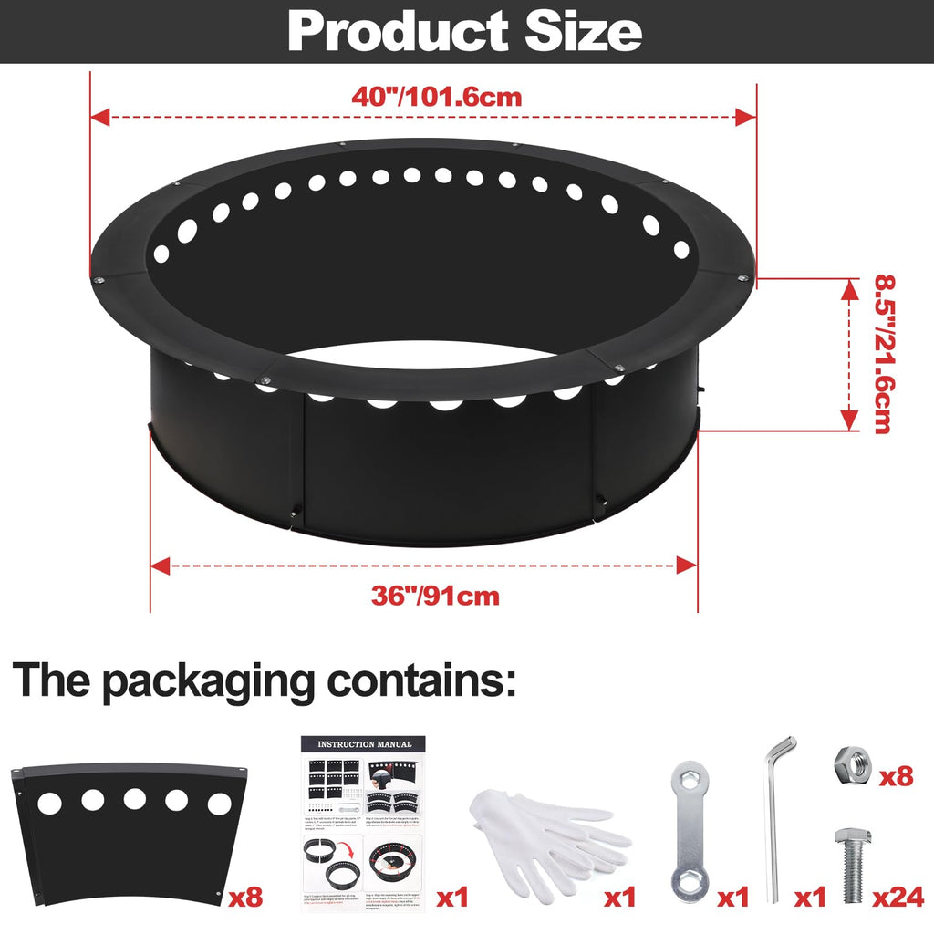 Outdoor Smokeless Fire Pit Ring 40 Inch Outer/36 Inch Inner Diameter, Heavy Duty Metal Round Liner Insert for Outside