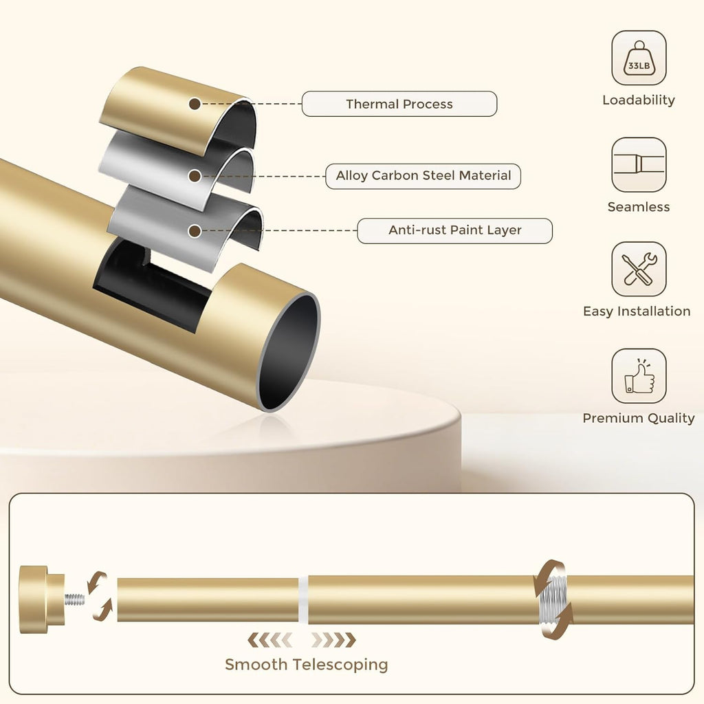2 Pack Gold Curtain Rods,1 Inch Heavy Duty Curtain Rods,Adjustable Curtain Rod Set,Modern