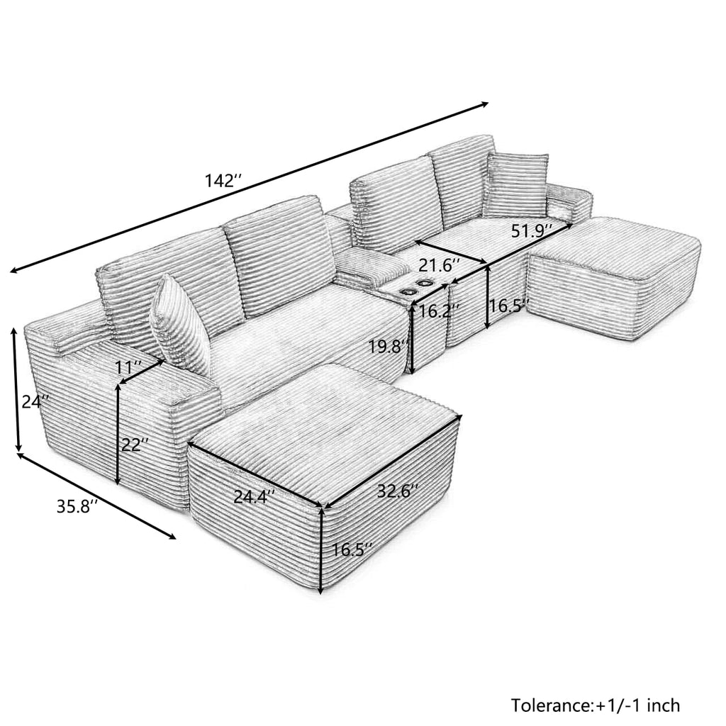 142" U-Shaped Sectional Sofa, Cloud Boneless Couch, Grey