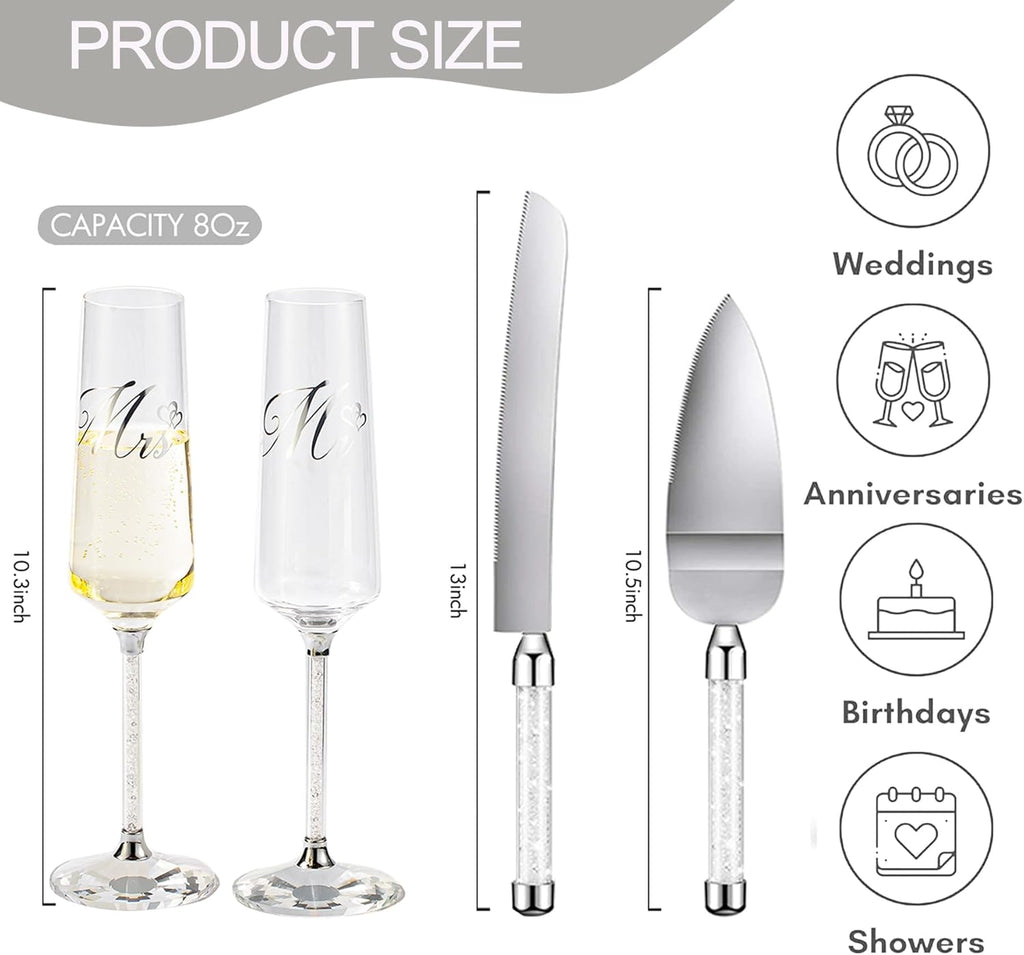 Wedding Cake Knife and Server Set, Mr and Champagne Flutes with Wedding Cake Cutting Set for Bride and Groom Toasting