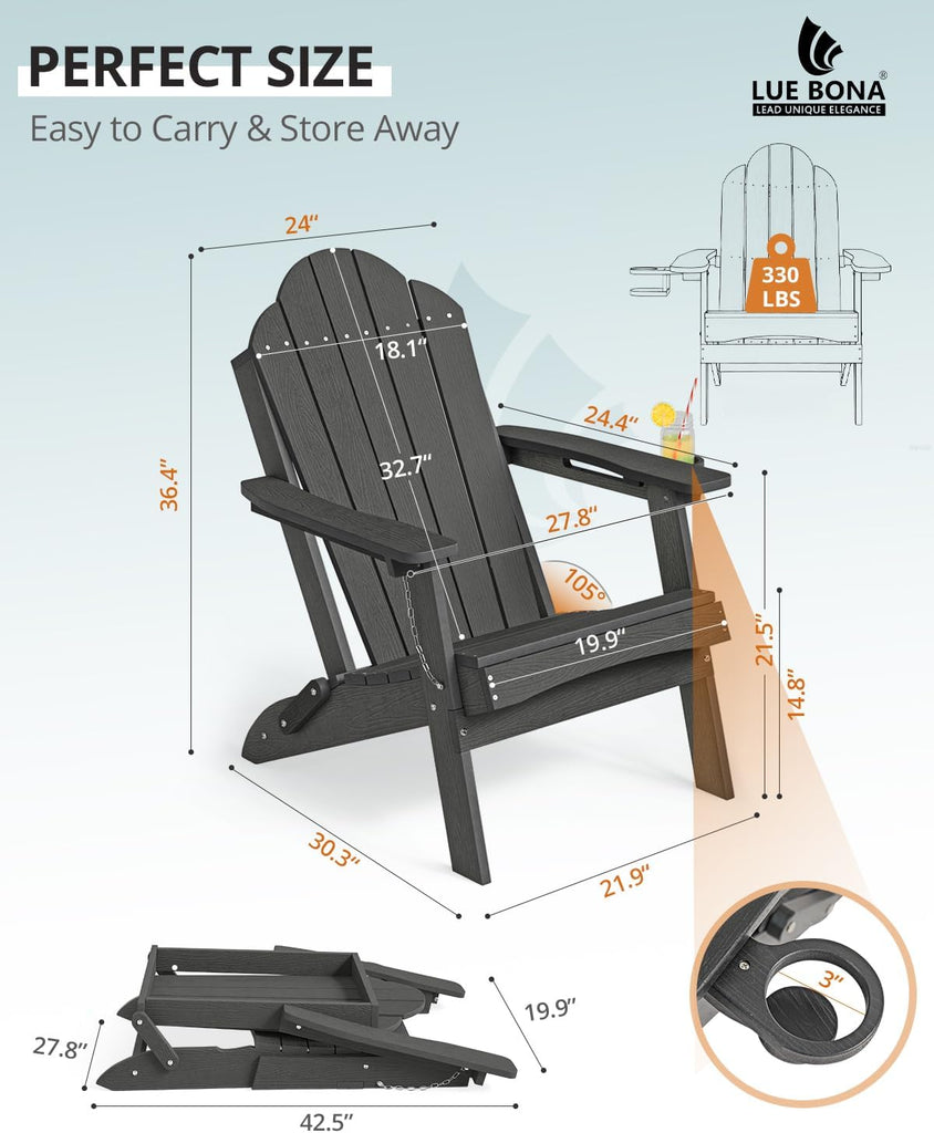 HDPE Folding Adirondack Chair, Cup Holder, Set of 4, Black | HDPE poly lumber, folable, all-weather resistant, Low