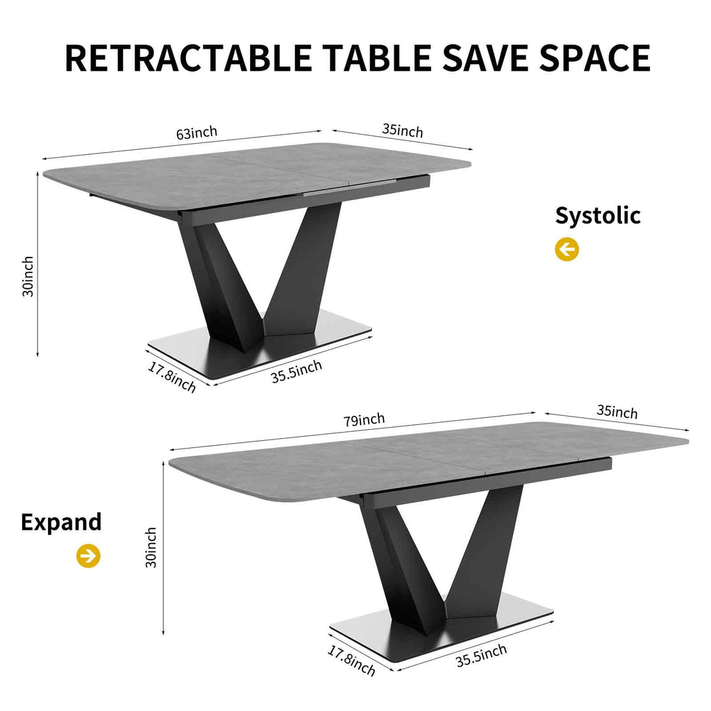 79" Extendable Sintered Stone Dining Table, Modern Rectangular Single Dining Table with V-Shape Carbon Steel Base