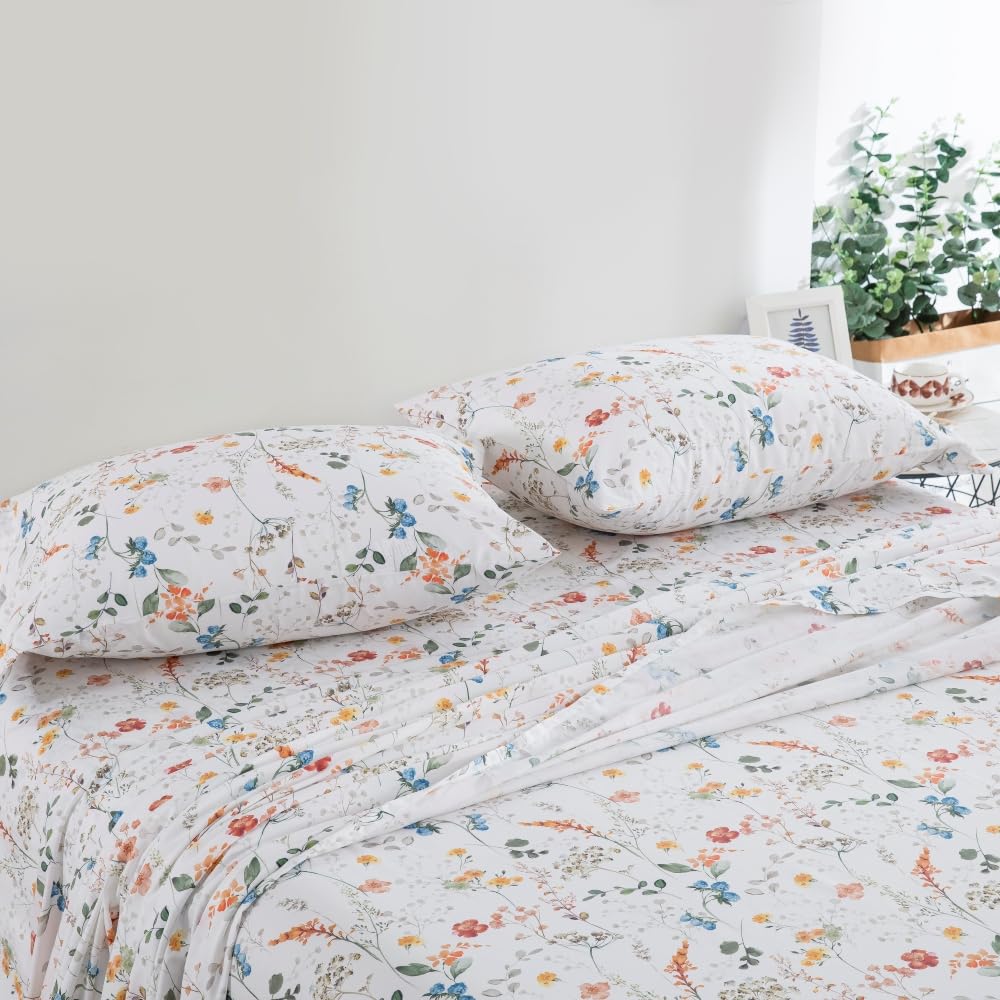 Split King Cotton Sheets Set Printed Bedding Sets, Bedlinen for Mattress Up to 14" Deep, Vintage Farmhouse Pattern