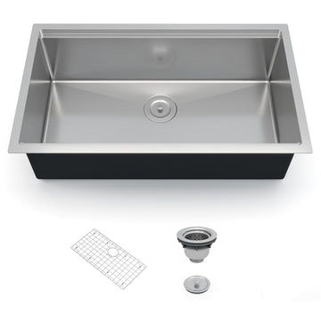 Undermount Kitchen Sink 33×19×10 inch Single Bowl with Ledge, Premium Stainless Steel, Includes Drain and Grid, Ideal