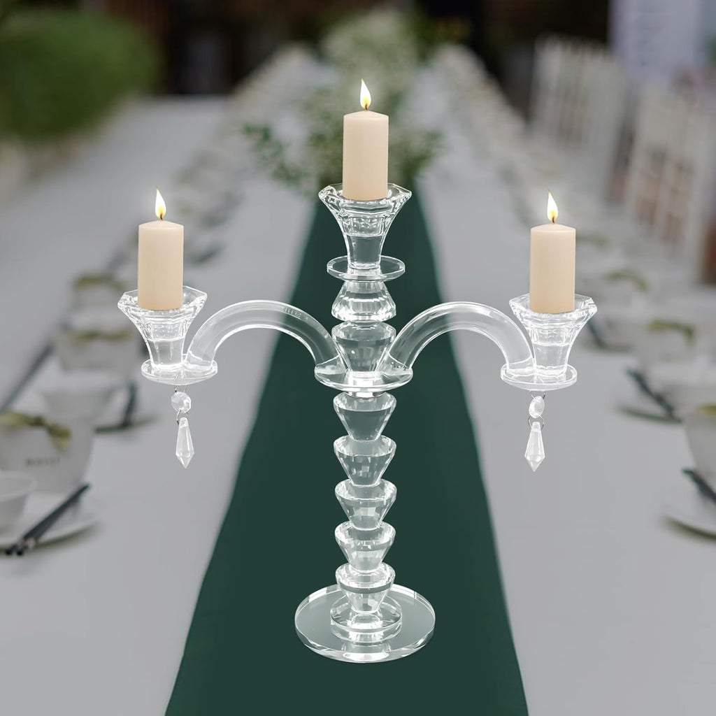 3 Arm Crystal Candelabra Centerpieces for Tables, Crystal Glass Taper Candle Holder Candelabra with Chandelier Chains