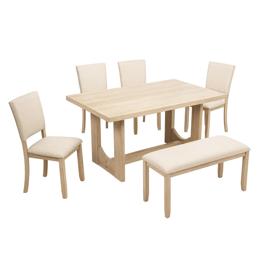 6 Piece Dining Table Set with Bench, Wooden Rectangular Kitchen Table Set with Bench and 4 Upholstered Chairs