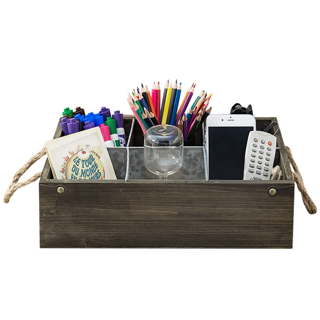 Rustic Solid Wood and Galvanized Multipurpose Organizer Caddy with 6 Metal Partition Divided Slots and Rope Handles