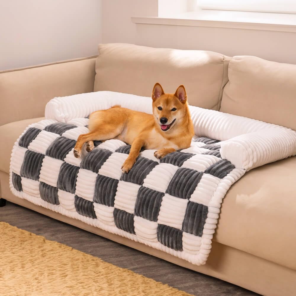 Checkerboard Dog Couch Mat with Bolster, Grey, 47 x