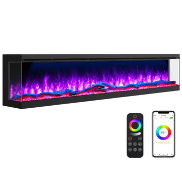 100" Linear 3 Sided Electric Fireplace Insert, Realistic Flame&Log Set, Modern Fireplace with Smart APP, 750W/1500W