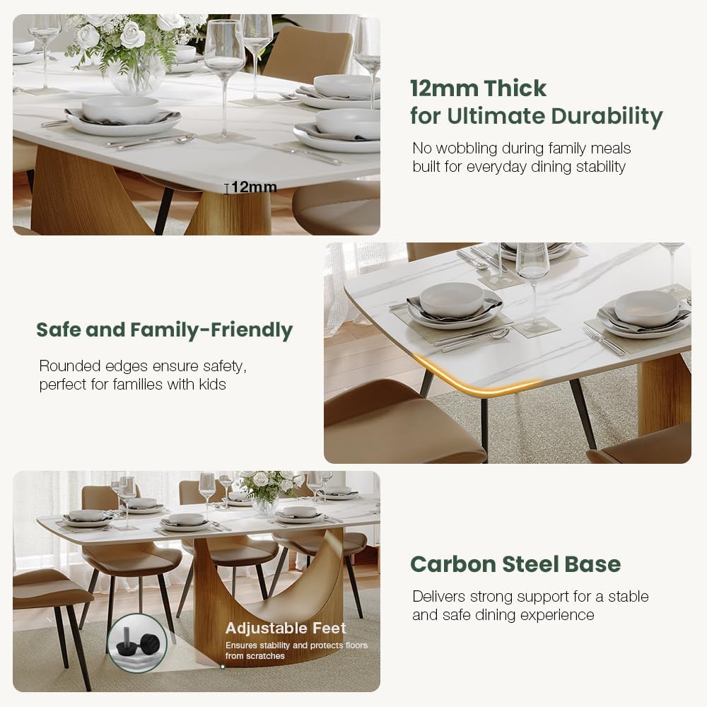 63" Modern Dining Table for 4-6, Hobart Rectangle Dining Table, Matte White Sintered Stone Dining Tabletop with