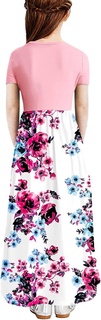 Girls Floral/Solid Maxi Dress Floor Length with Pockets Casual