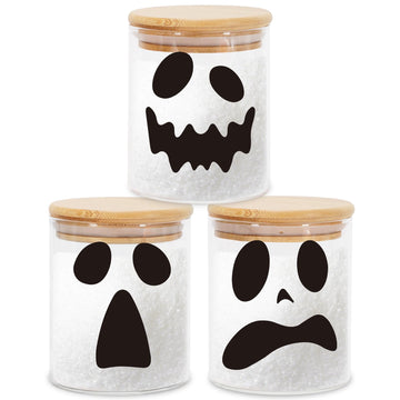3Pcs Halloween Glass Storage Jars with Airtight Bamboo Lid Ghost Decorative Clear Food Storage Canisters Sets Kitchen